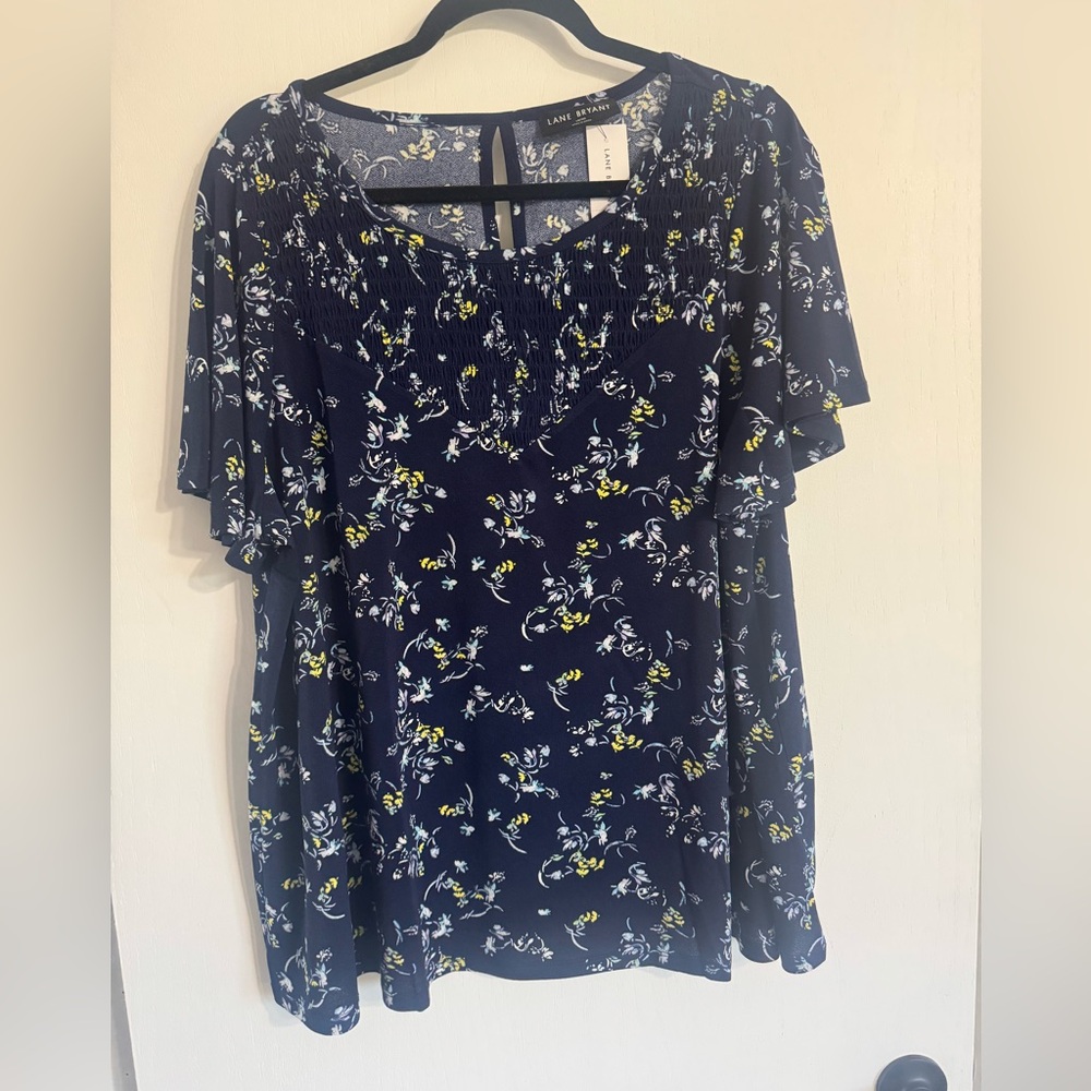 Lane Bryant Blue and Yellow Ruffled 3/4 Sleeve Blouse